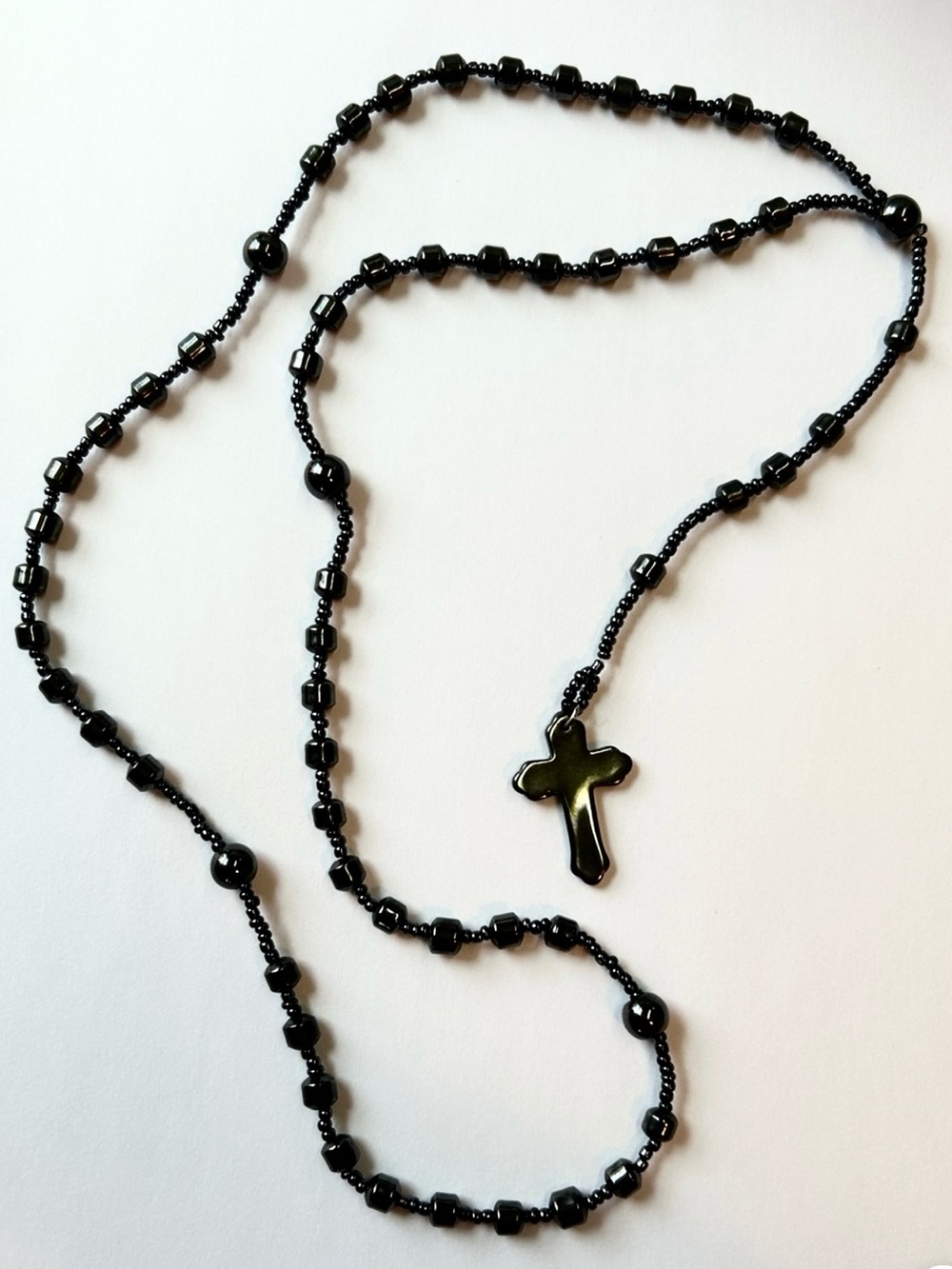 Semi Precious Rosary Beads Necklace Cross Black Hematite Stone